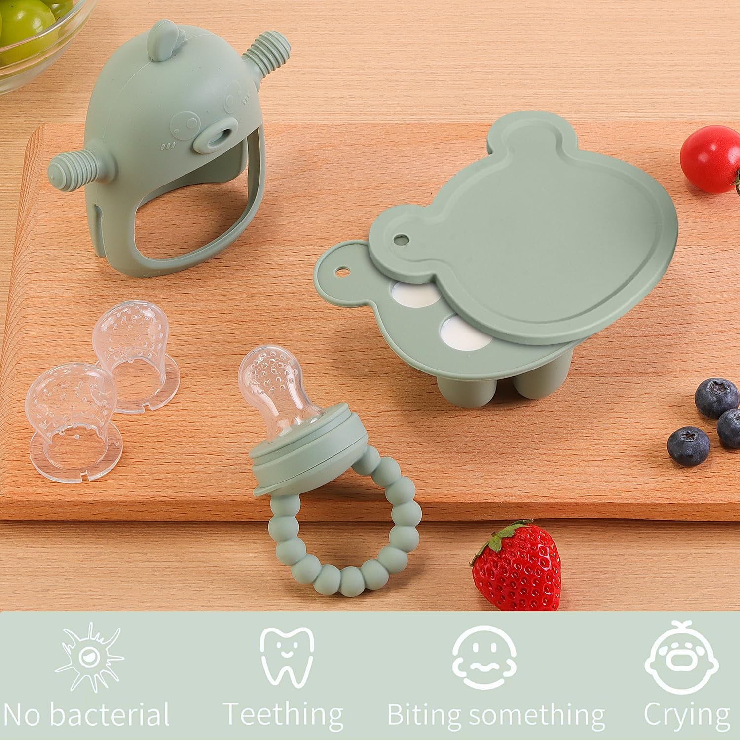 Baby Fruit Food Feeder Breastmilk Popsicle Molds for Teething Relief - 3 Pack Feeding Sets - 1 Freezer Tray with Lid & 1 Teether Toy & 1 Silicone Pacifier + 3 Extra Sizes Infant Feed Mesh (Pea Green)