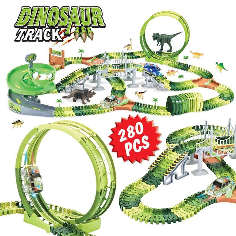 Wesprex Dinosaur Track Toy Set 280 PCS, Flexible Race Track Playset W/ 240 Tracks, 2 Race Cars, 1 Ferris Wheel. 1 Rotary U-Turn Tower, Dinosaur Toy for Kids Boys Girls Age 3-12