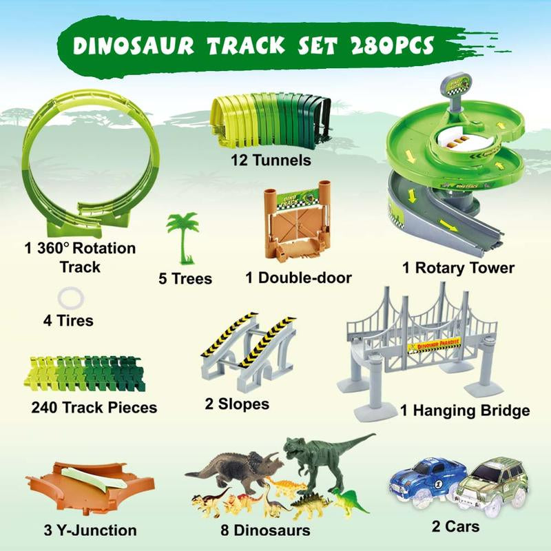 Wesprex Dinosaur Track Toy Set 280 PCS, Flexible Race Track Playset W/ 240 Tracks, 2 Race Cars, 1 Ferris Wheel. 1 Rotary U-Turn Tower, Dinosaur Toy for Kids Boys Girls Age 3-12