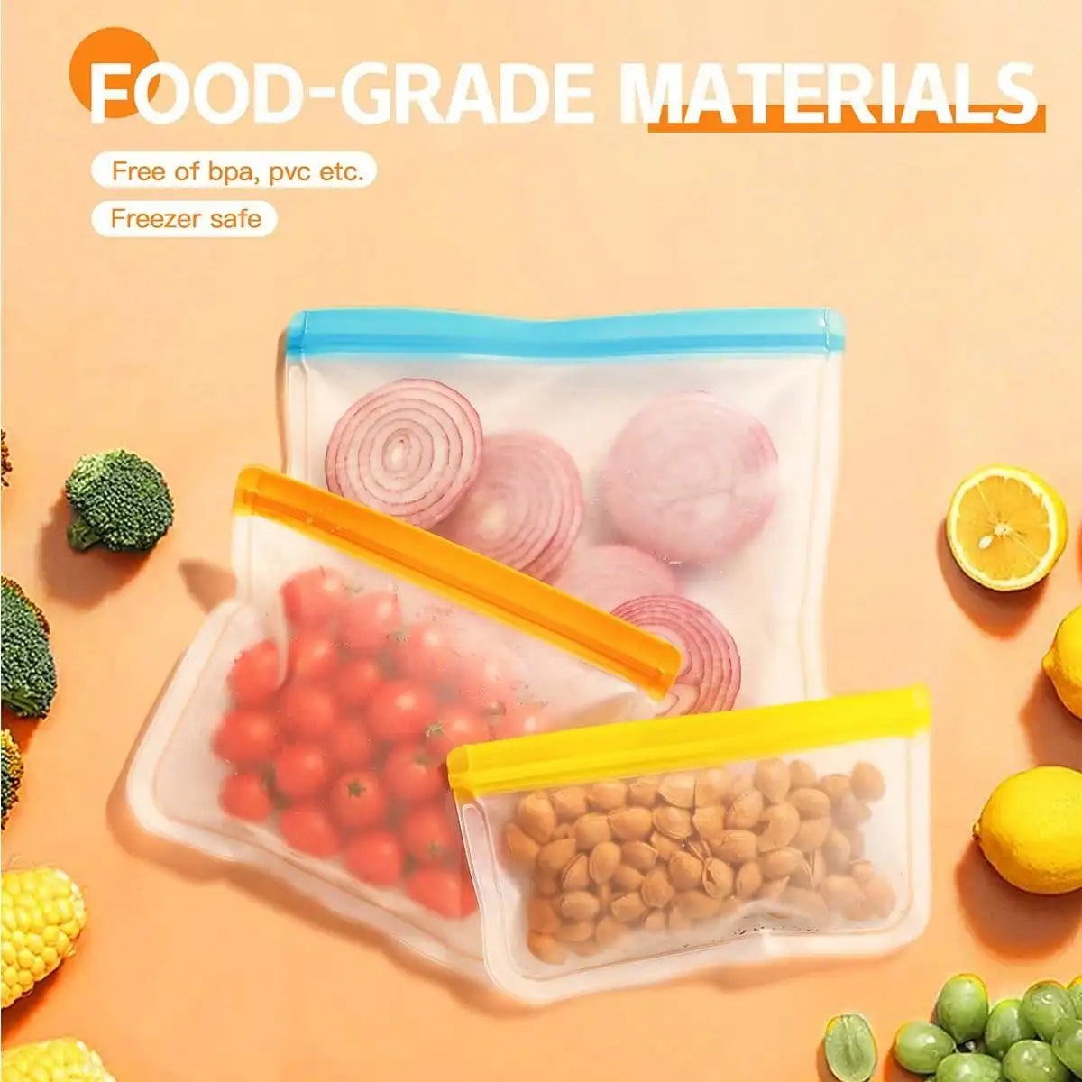 10Pcs(3 Large +4 Medium +3 Small) Leak-Proof Reusable Silicone Food Storage ,Gallon Freezer&Sandwich&Snack Bag