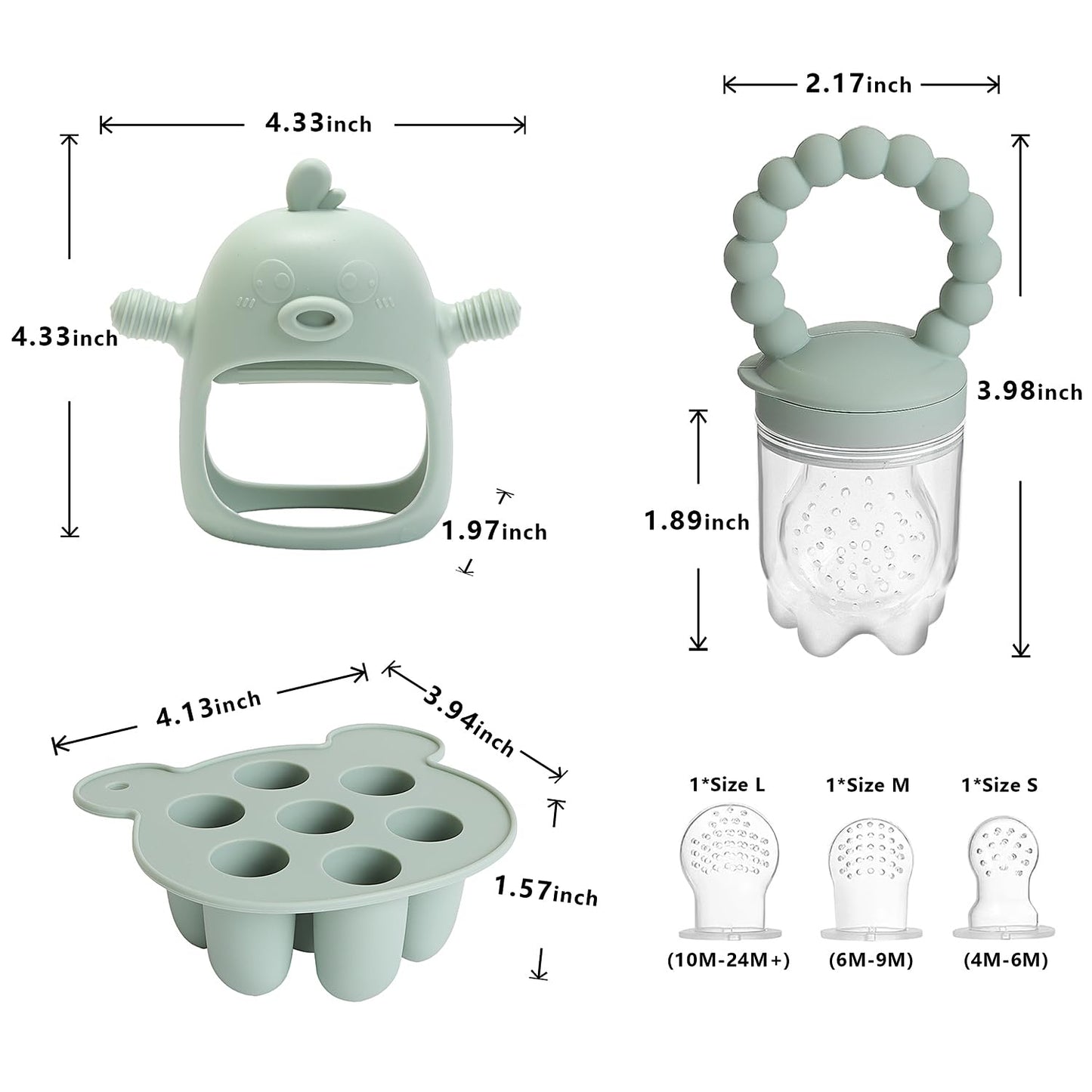 Baby Fruit Food Feeder Breastmilk Popsicle Molds for Teething Relief - 3 Pack Feeding Sets - 1 Freezer Tray with Lid & 1 Teether Toy & 1 Silicone Pacifier + 3 Extra Sizes Infant Feed Mesh (Pea Green)