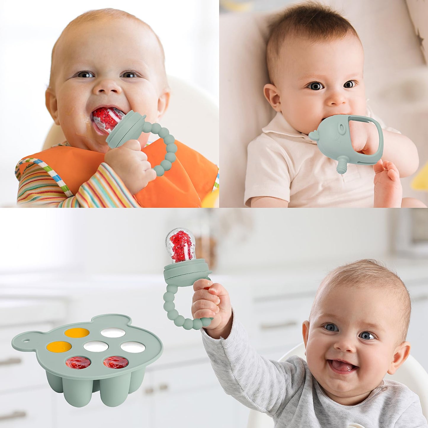 Baby Fruit Food Feeder Breastmilk Popsicle Molds for Teething Relief - 3 Pack Feeding Sets - 1 Freezer Tray with Lid & 1 Teether Toy & 1 Silicone Pacifier + 3 Extra Sizes Infant Feed Mesh (Pea Green)