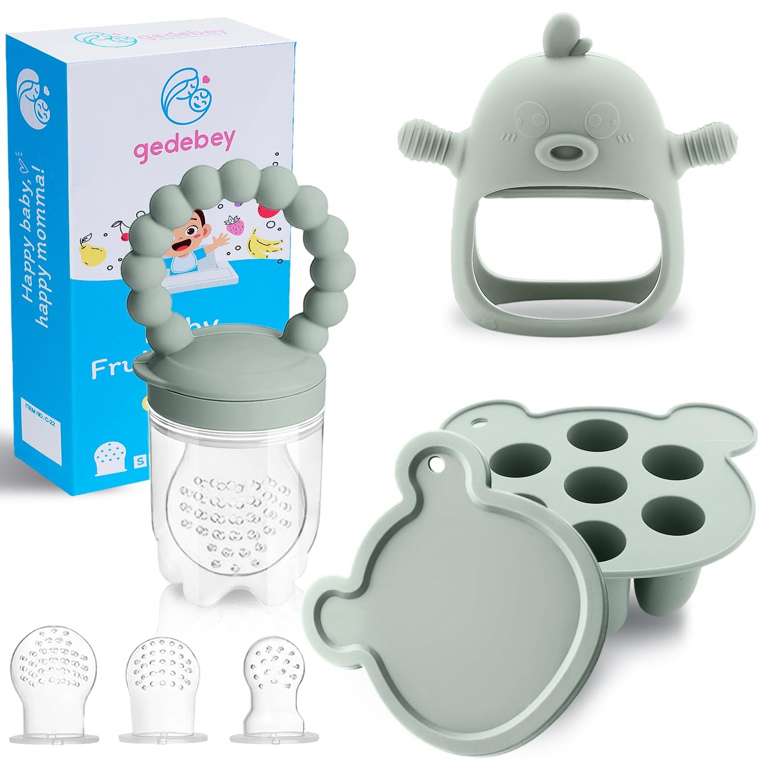 Baby Fruit Food Feeder Breastmilk Popsicle Molds for Teething Relief - 3 Pack Feeding Sets - 1 Freezer Tray with Lid & 1 Teether Toy & 1 Silicone Pacifier + 3 Extra Sizes Infant Feed Mesh (Pea Green)